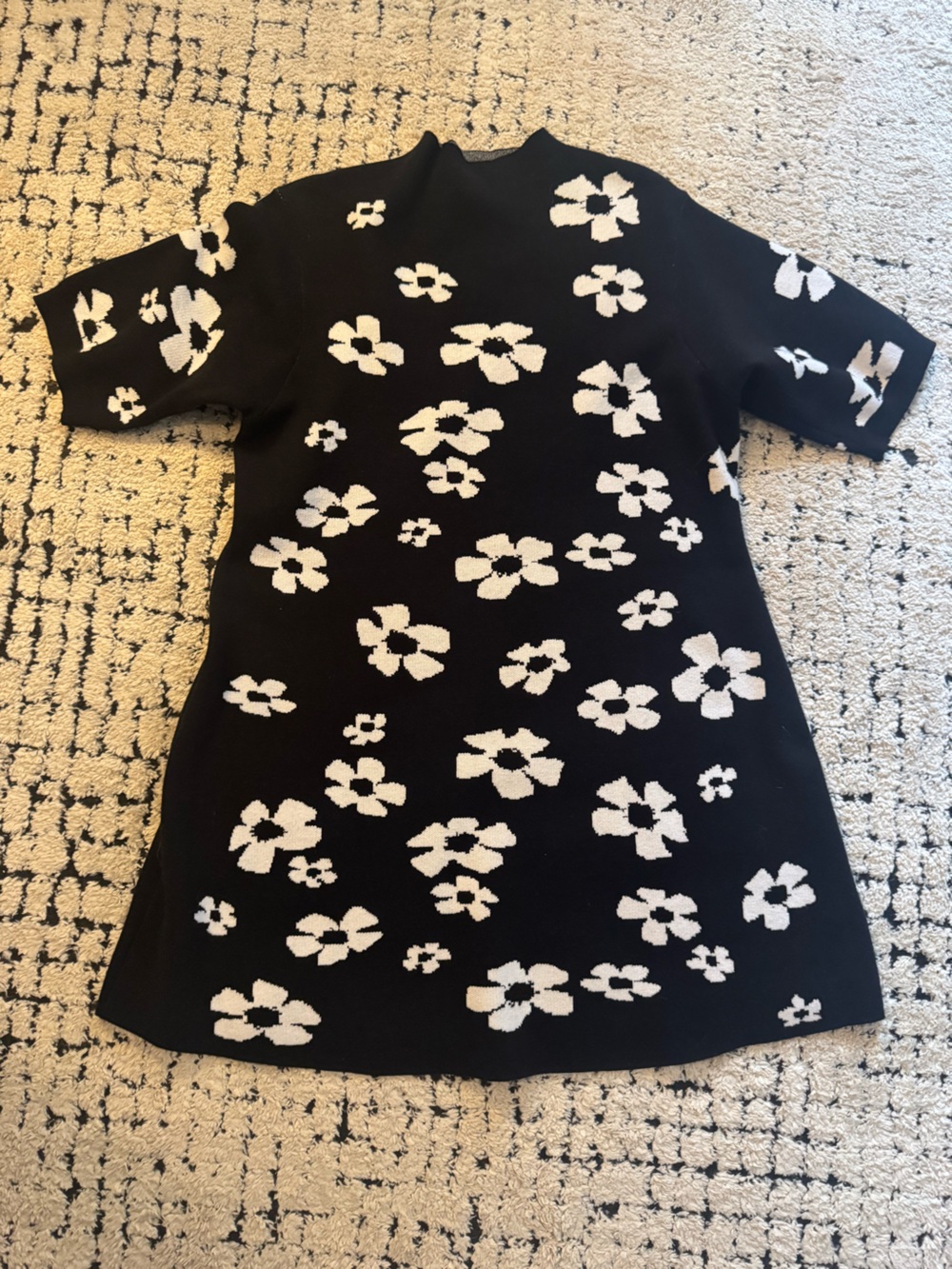 Black Floral Knit Mini Dress with White Flower Pattern